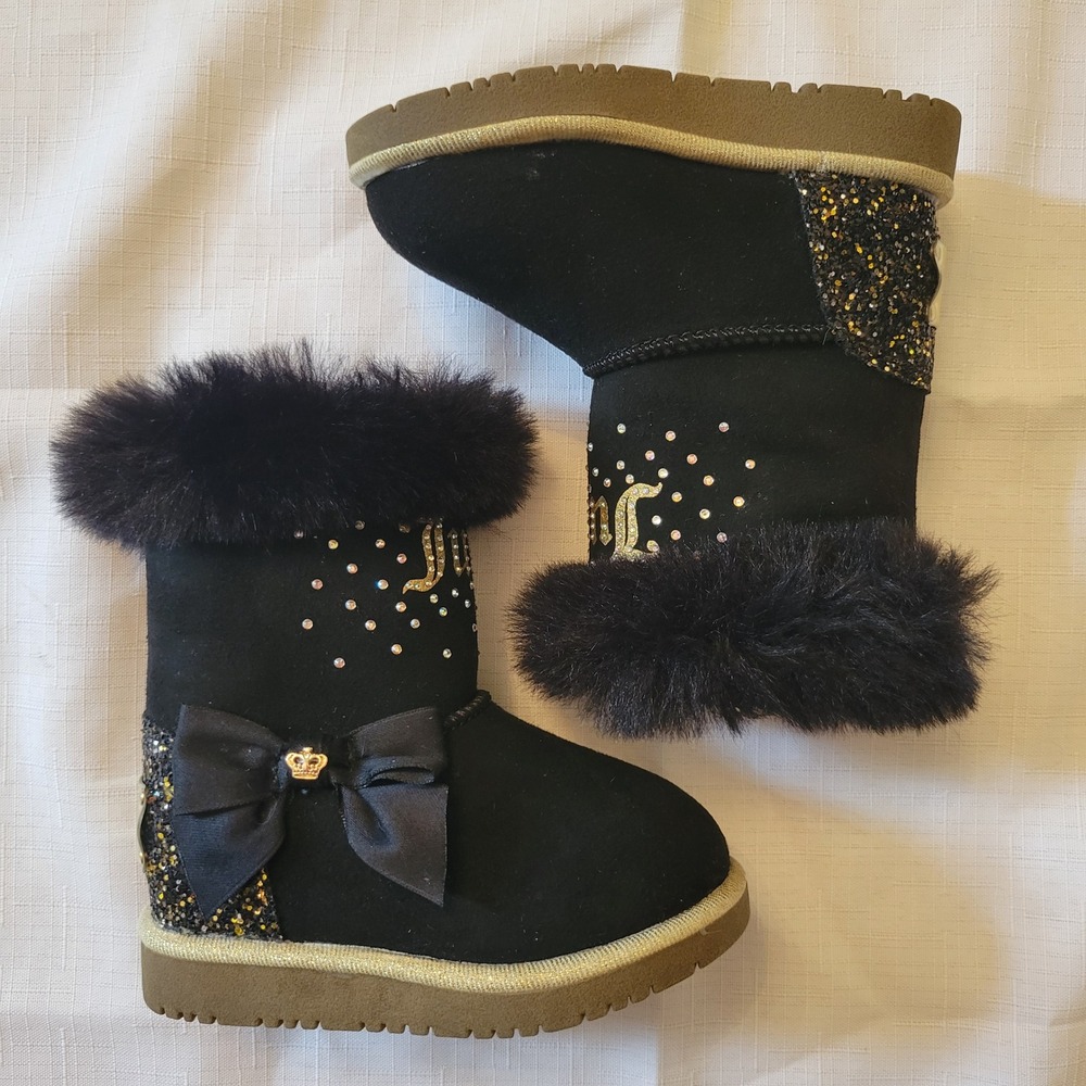 Juicy Couture 5 Boots Black Rhinestone Faux Fur‎ Glitter Bow Lil Coronado 2 Glam